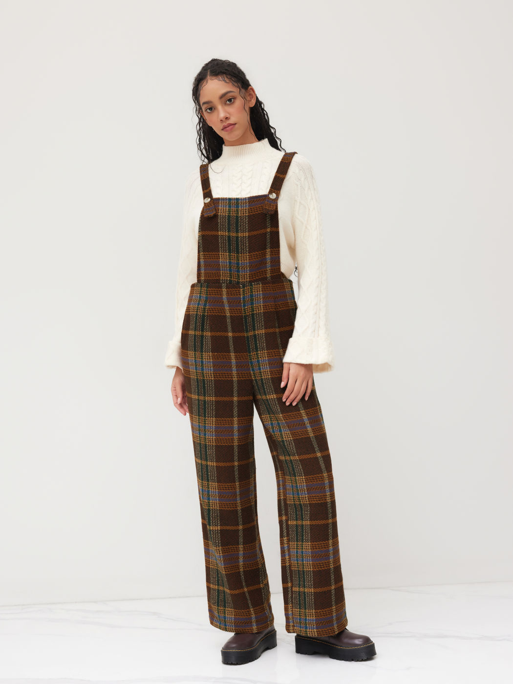 Tweed-Kariert-Button-Up-Breitbeiniger Overalls