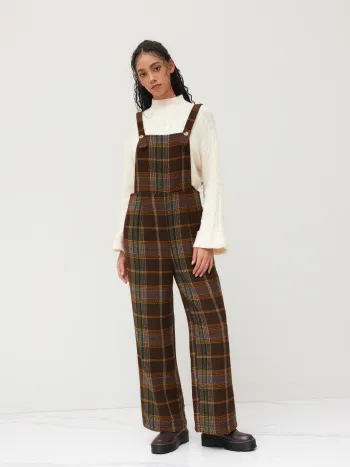 Tweed-Kariert-Button-Up-Breitbeiniger Overalls
