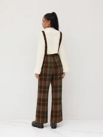 Tweed-Kariert-Button-Up-Breitbeiniger Overalls