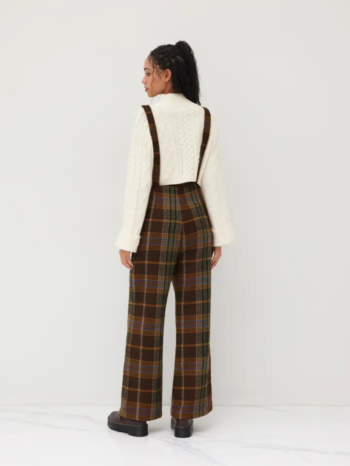 Plaid Stand Collar Puff Sleeve Tie Back Button Blouse