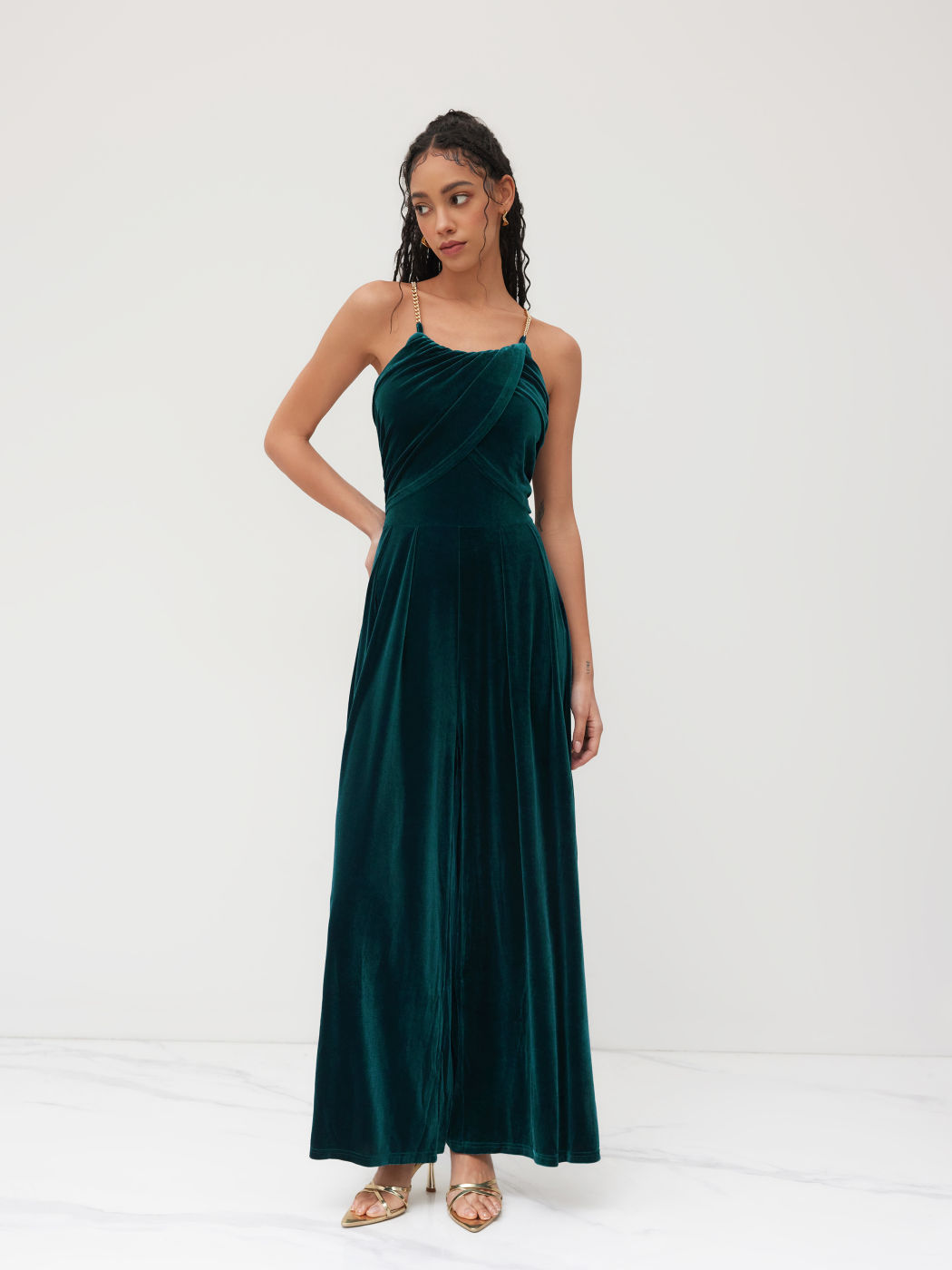 Solid Velvet Scoop Neckline Sleeveless Ruched Jumpsuit