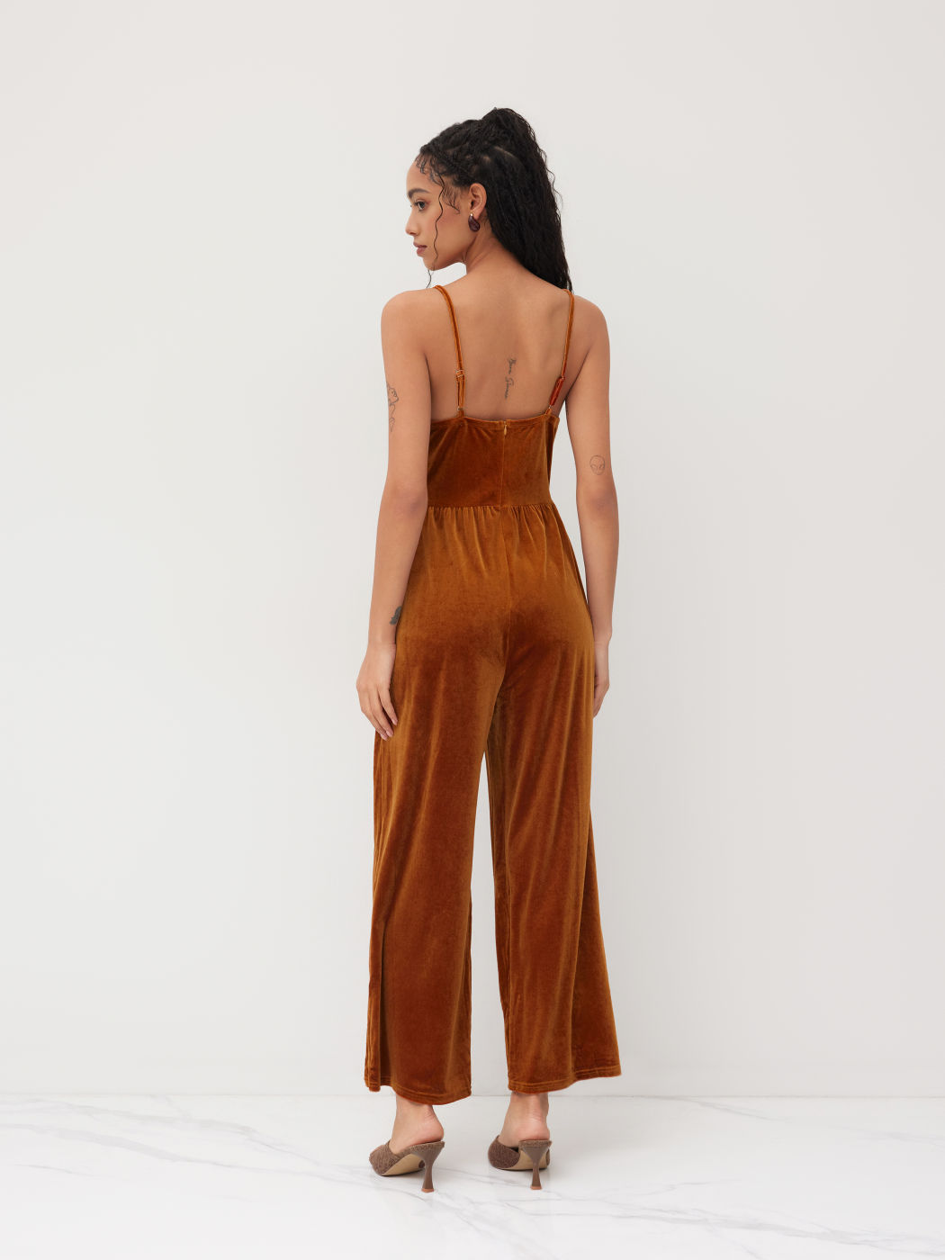 Samt V-Ausschnitt Weite Bein Overalls
