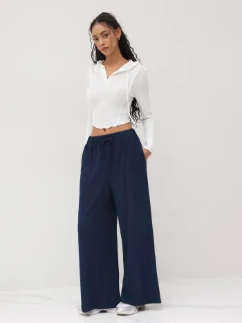 Hoodie Unifarben Oberteil & Mid Rise Taschen Weite Hosen Set