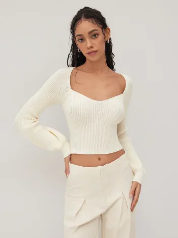 Knit V-neck Solid Lantern Sleeve Crop Top