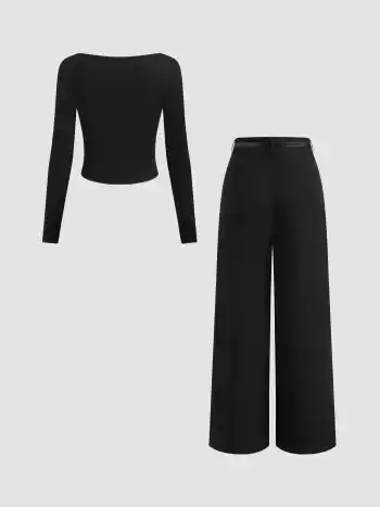 Set aus Bootshals-Langarm-Oberteil und Mittelbund-Rectangle-Hosen mit Gürtel