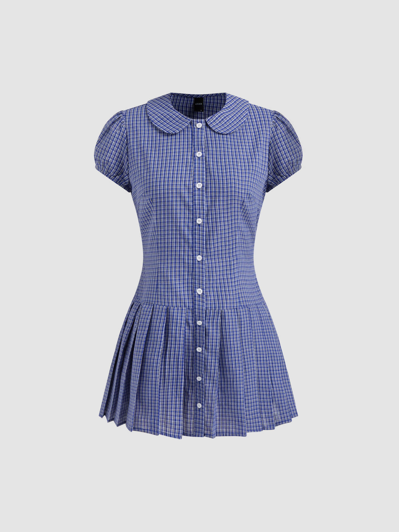 Cotton-blend Collar Plaid Pleated Mini Dress
