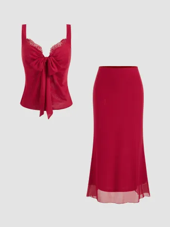 Mesh-Spitze Schleife Cami Top & Mid Rise Rüsche Maxirock Set
