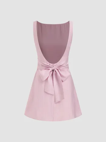 Leinen-Mischung Bootshals Einfarbiges Rückenloser Mini-Knotenkleid
