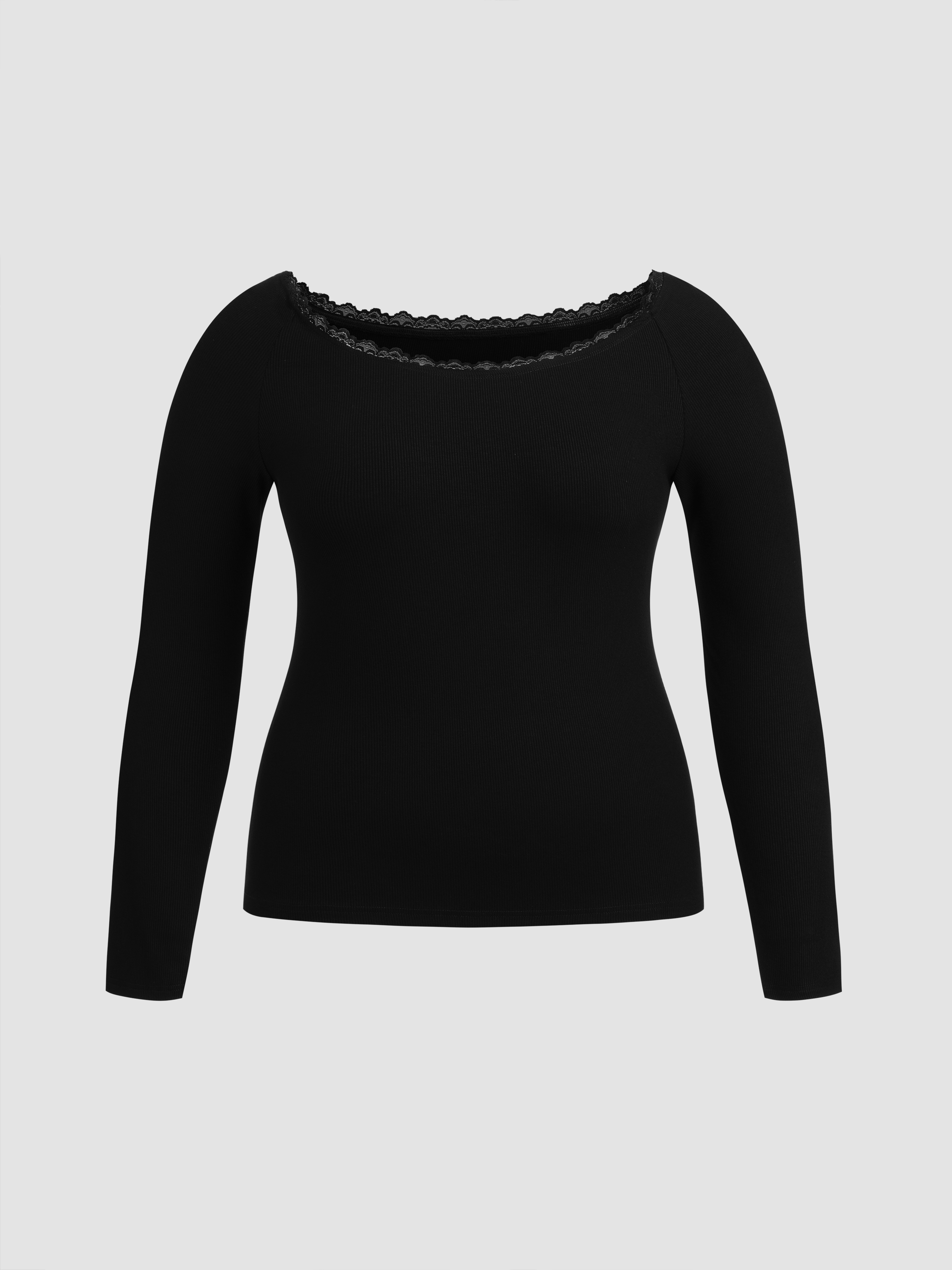Rib Rib Boat Neck Lace Trim Top Curve & Plus For Daily Casual