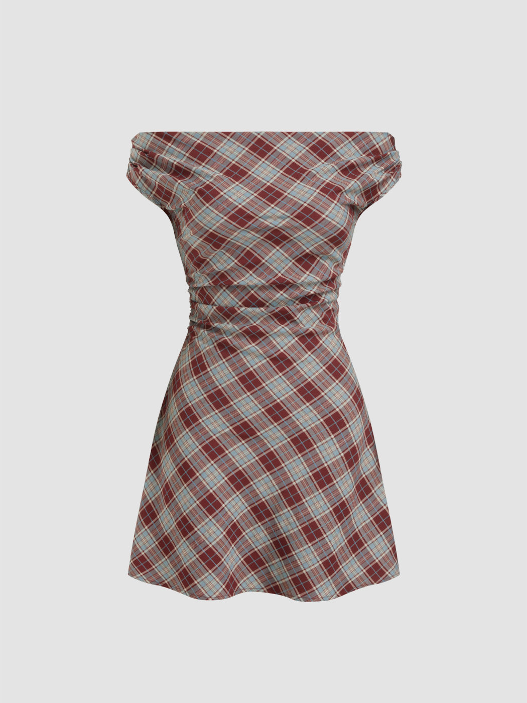 Off-shoulder Tartan Ruched Mini Dress