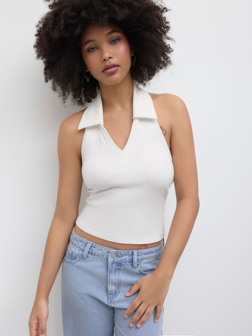 Cotton-blend Collar Halter Neckline Backless Tank Top