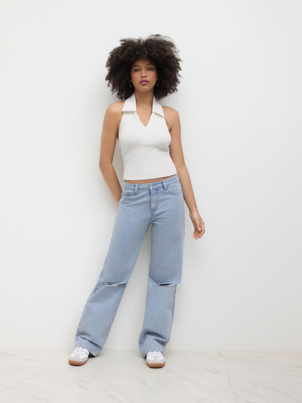 Cotton-blend Collar Halter Neckline Backless Tank Top