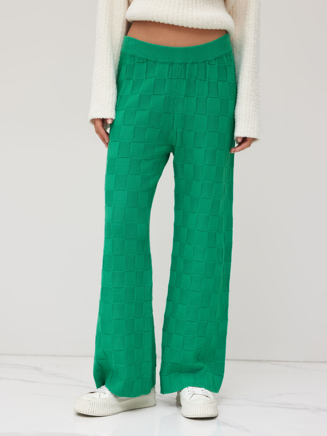 Solid Knitted High Waist Straight Leg Trousers