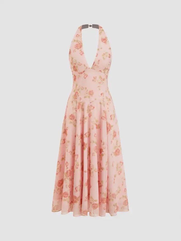 Mesh Halter Neckline Polka Dot Ruched Midi Dress