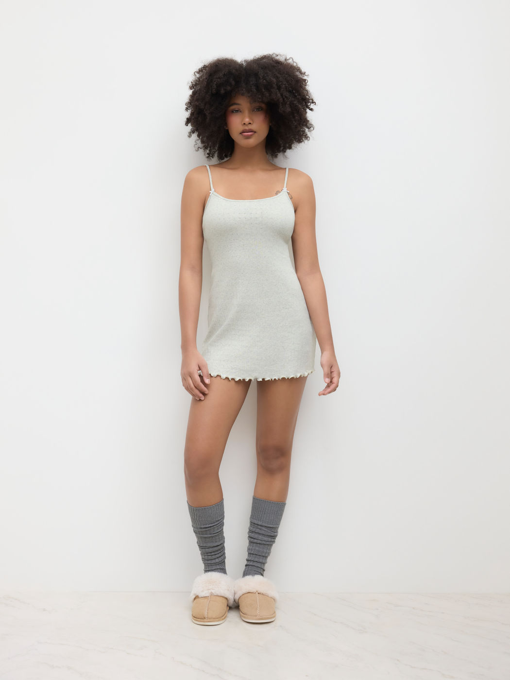 100% Cotton Pointelle U-neckline Lettuce Trim Mini Dress