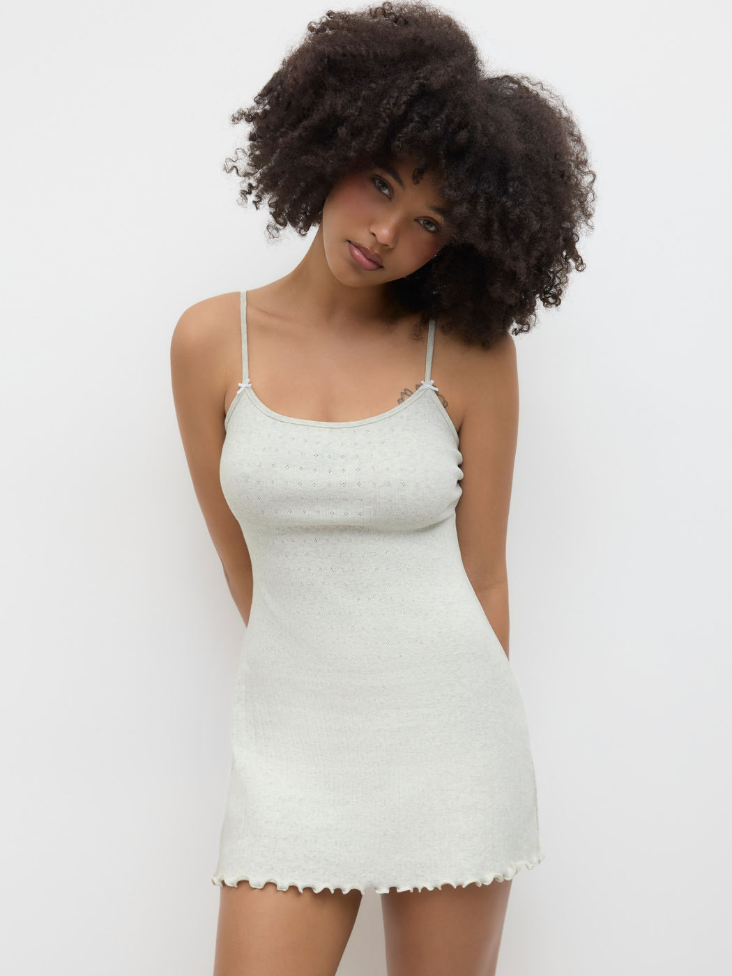 100% Cotton Pointelle U-neckline Lettuce Trim Mini Dress
