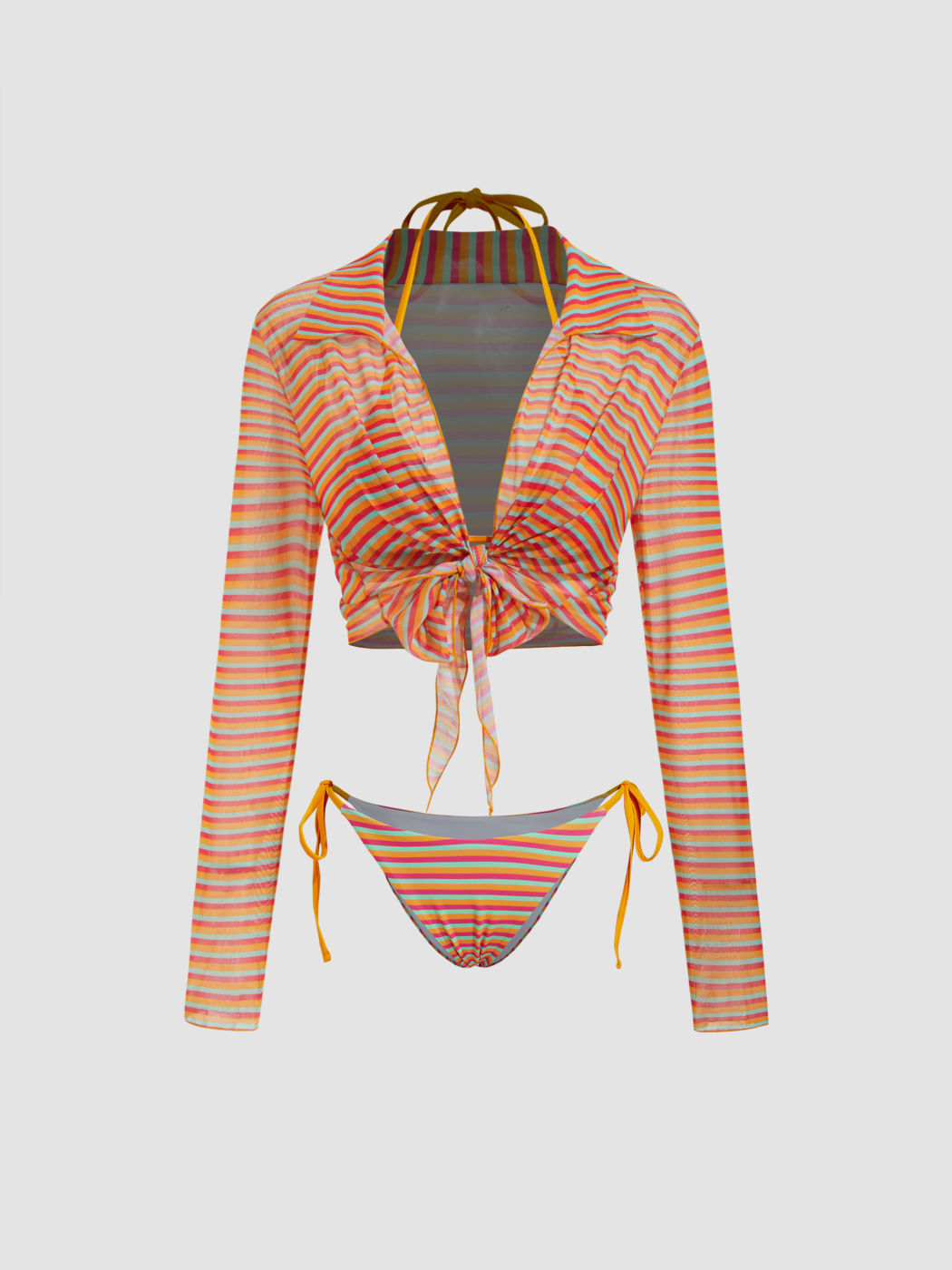 V-neck Stripe Halter Tie Side Bikini Set & Cover Up Top