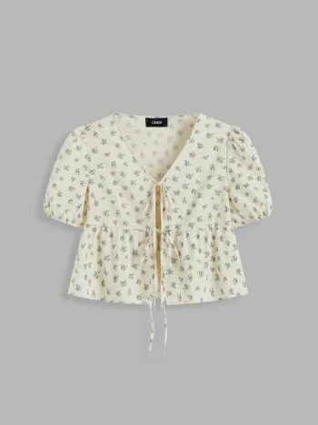 100% Baumwolle V-Hals Bluse mit Blumenmuster und Frontbinde