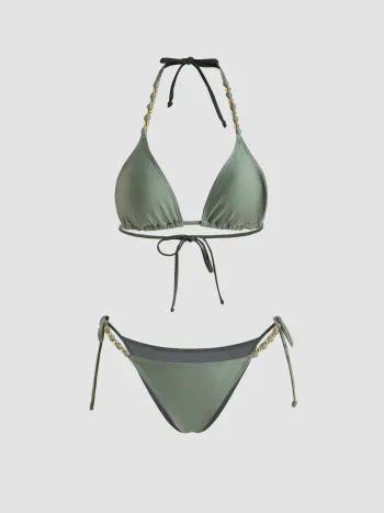 V-Ausschnitt Perlen Halter Cheeky Bikini-Set