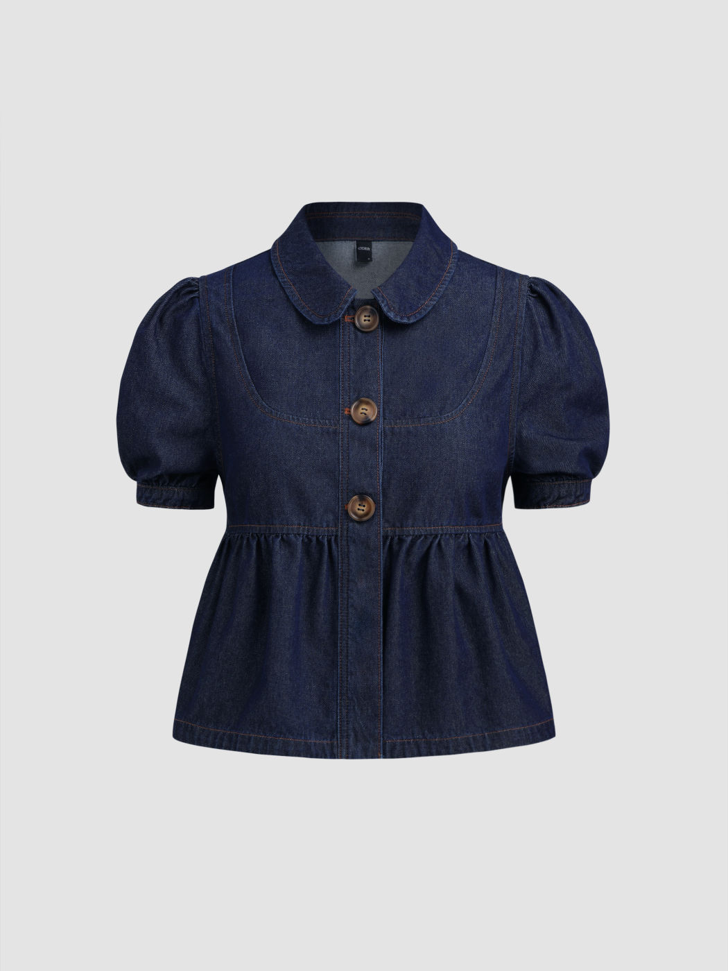 Denim Peter Pan Collar Ruched Puff Sleeve Blouse & Denim Mid Rise Micro Shorts