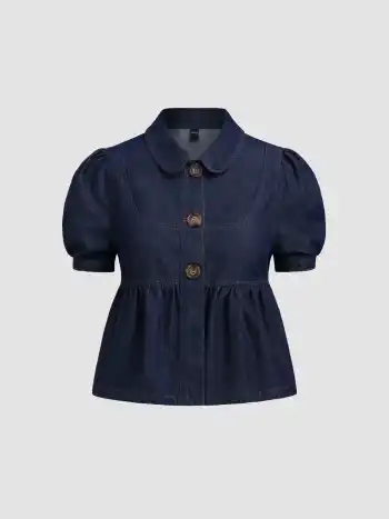 Denim Peter Pan Collar Ruched Puff Sleeve Blouse & Denim Mid Rise Micro Shorts