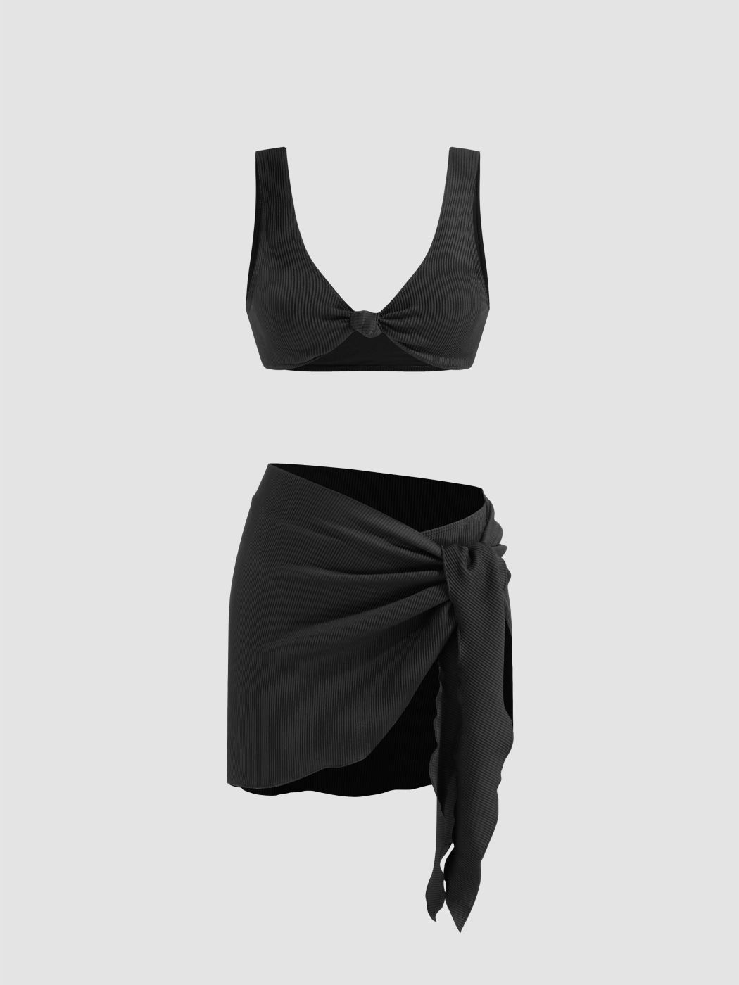 Rippen V-Ausschnitt Twist Tankini Freches Bikini-Set mit Sarong