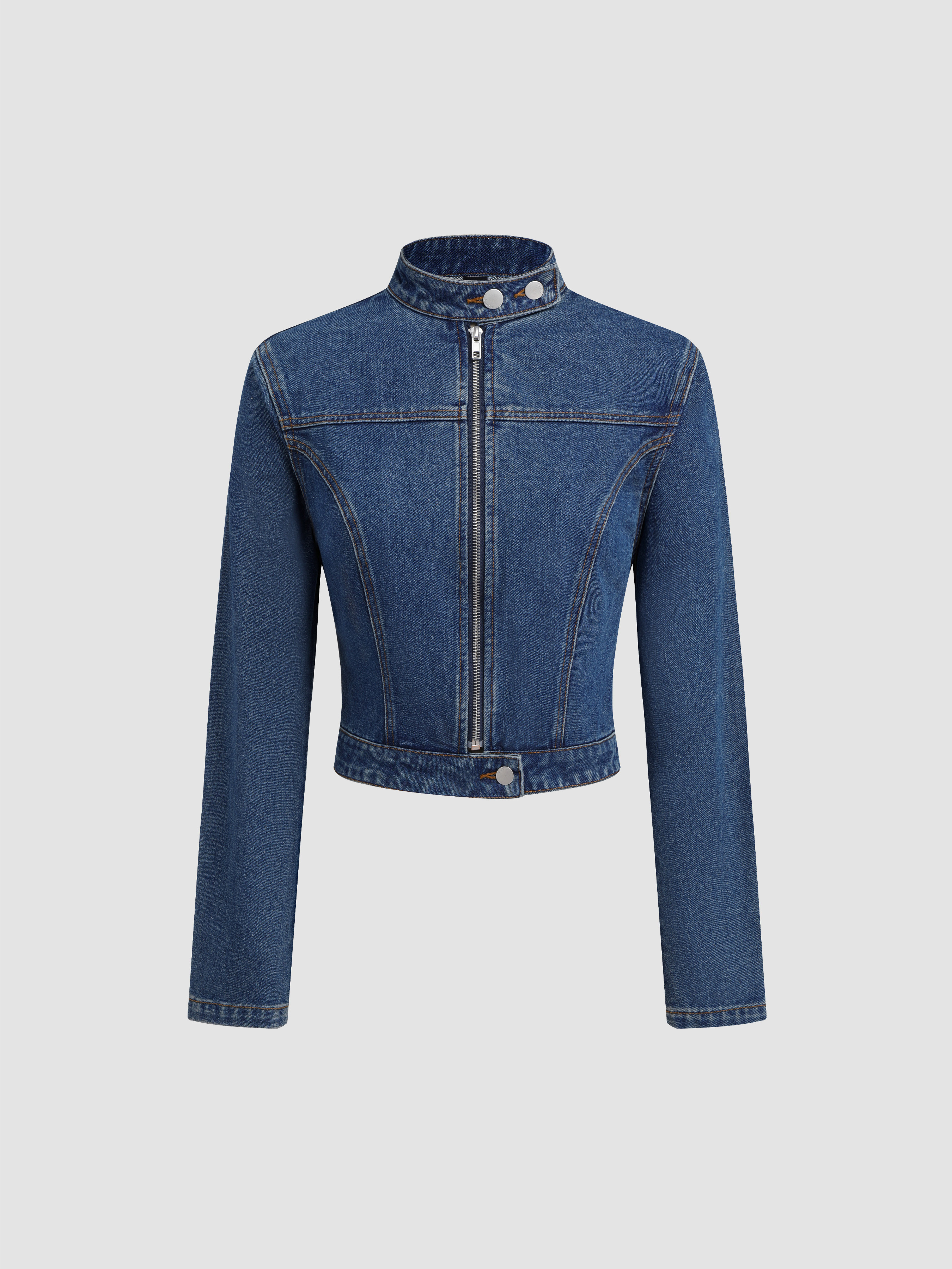 ★E.B.M★ Belted Stand Collar Denim Jacket EMP2CJK020 denim Denim Moto Jacket For Daily Casual