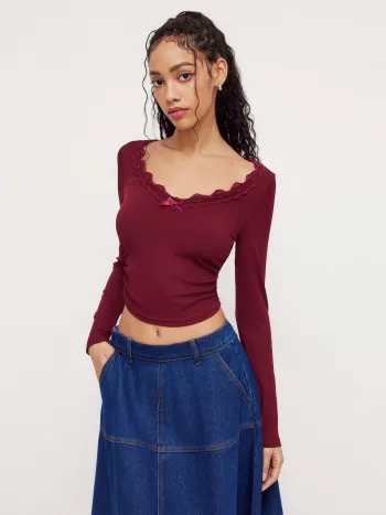 V-Ausschnitt Solid Schleifen Spitzen Rüschen Langärmliger Crop Top
