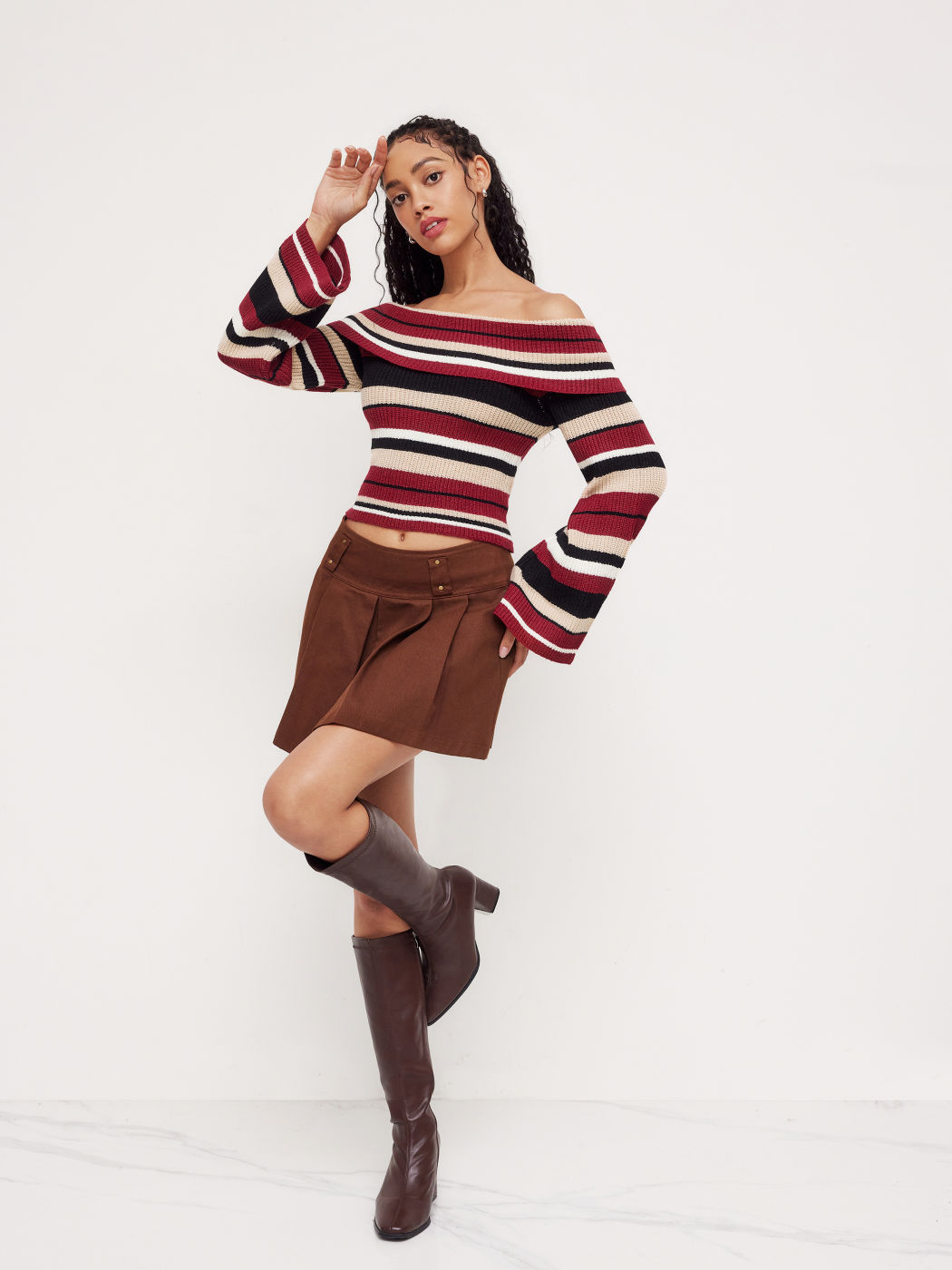 Knit Off-shoulder Striped Long Sleeve Crop Top