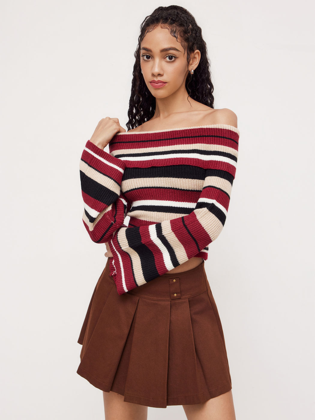Knit Off-shoulder Striped Long Sleeve Crop Top