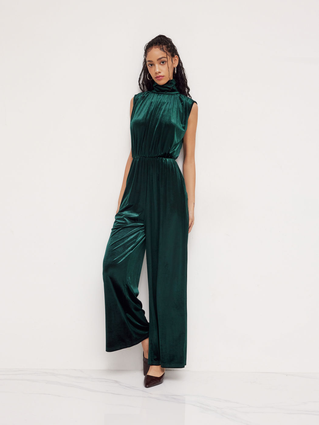 Velvet High Neck Ruched Zipper Wide Leg Jumpsuit