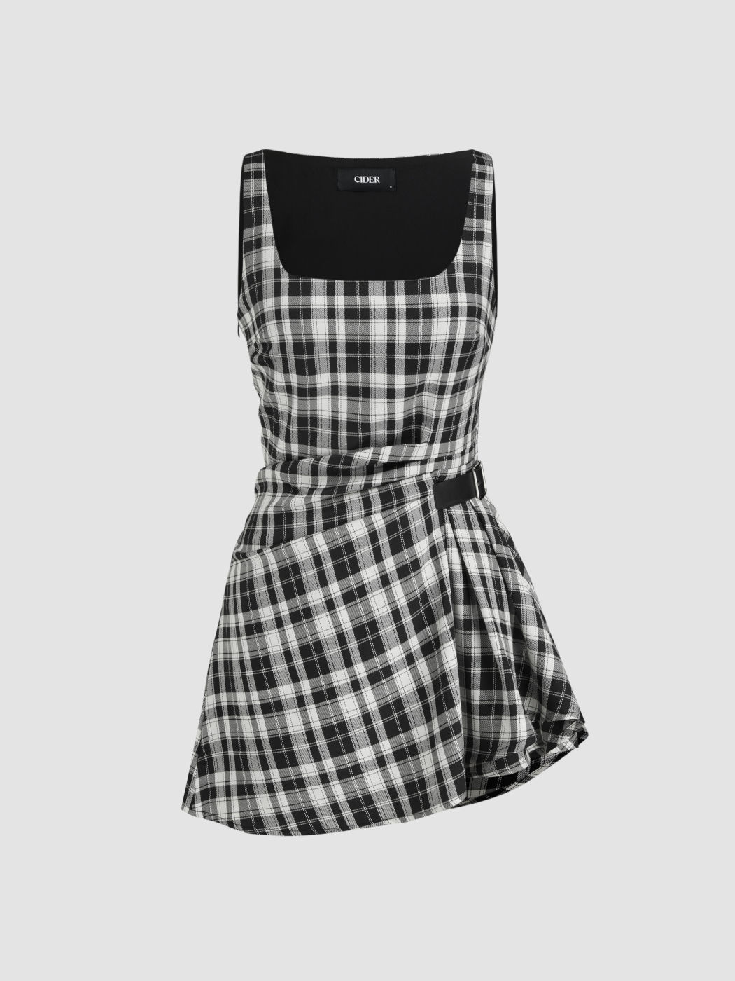 U-neckline Plaid Ruched Belted Mini Dress