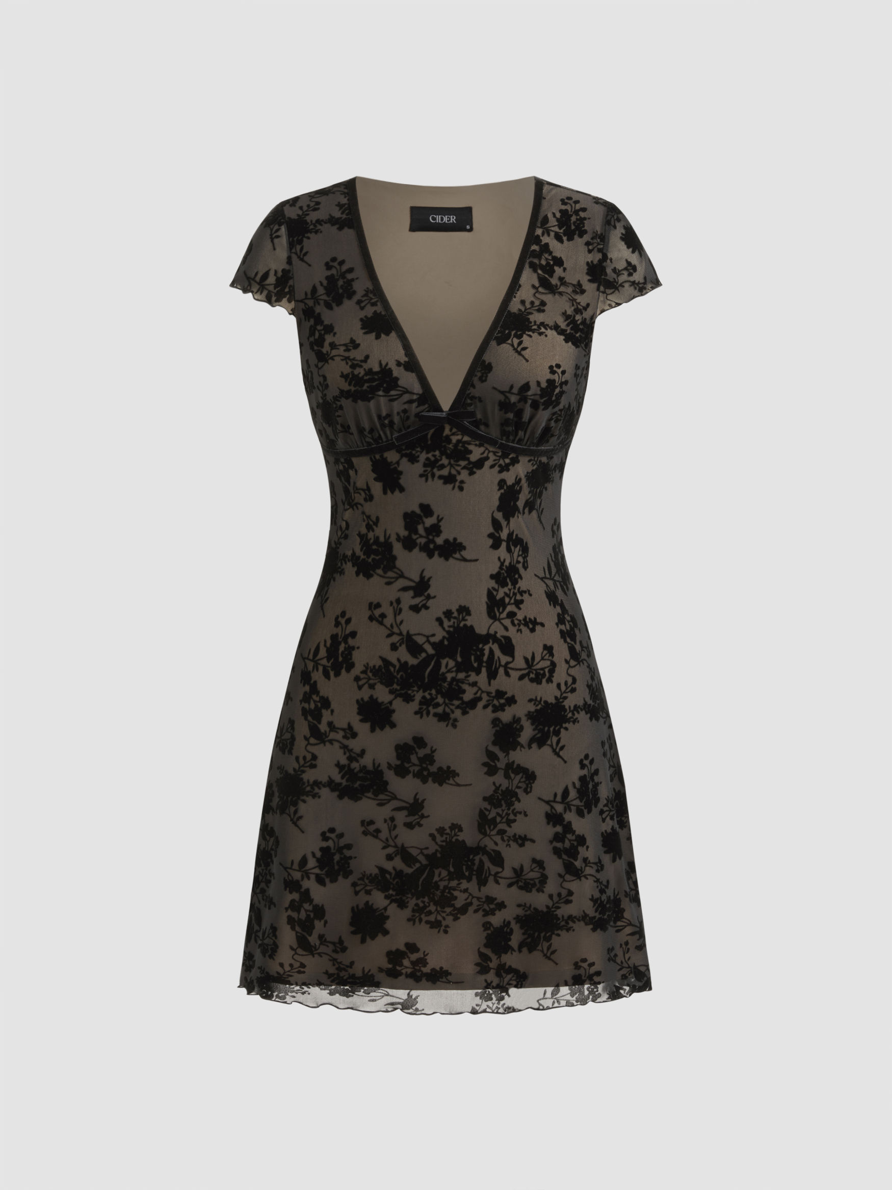 Mesh Halter Neckline Floral Graphic Knotted Asymmetrical Hem Mini Dress