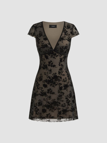 Mesh V-neck Floral Bow Mini Dress