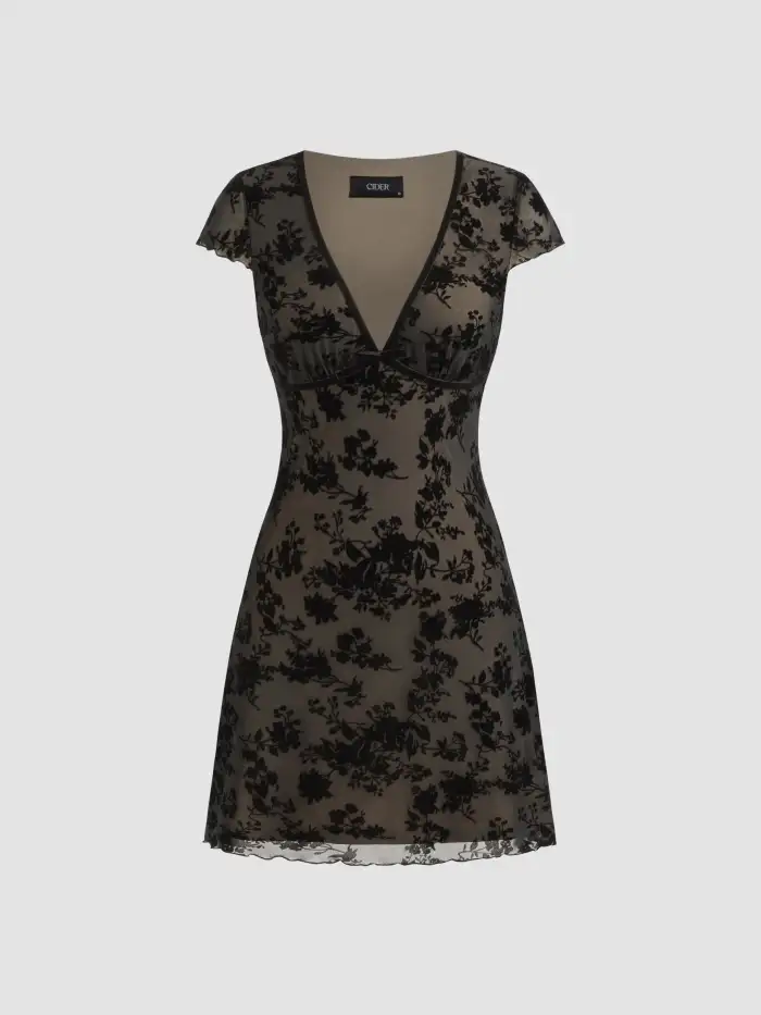 Velvet V-neck Star Ruffle Tie Back Midi Dress
