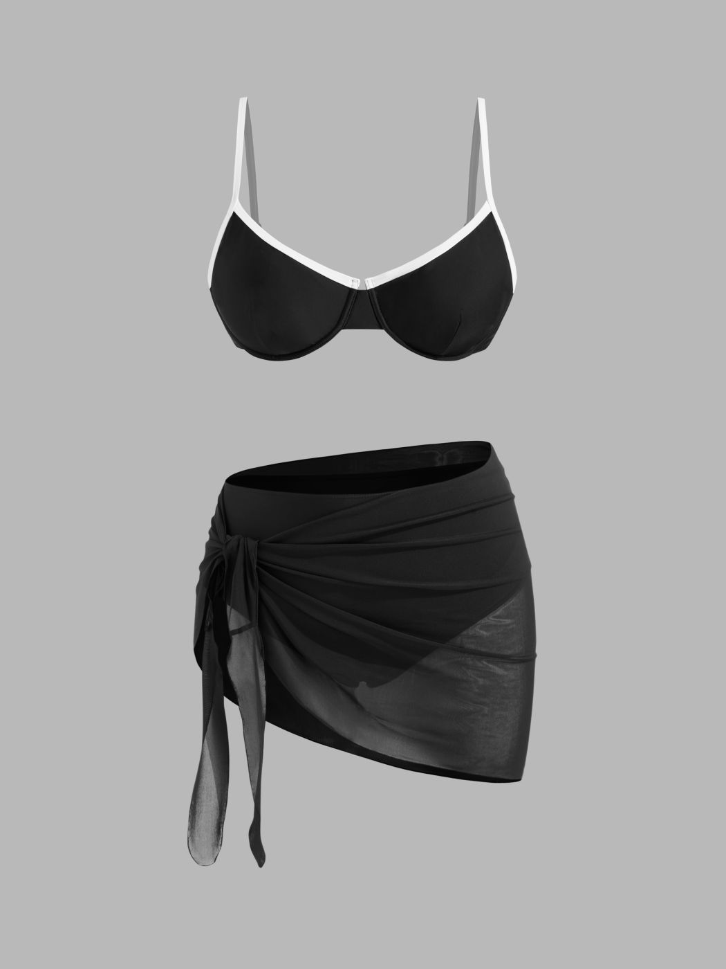 Sweetheart Contrasting Binding Underwire Full Coverage Bikini Set With Sarong Curve & Plus