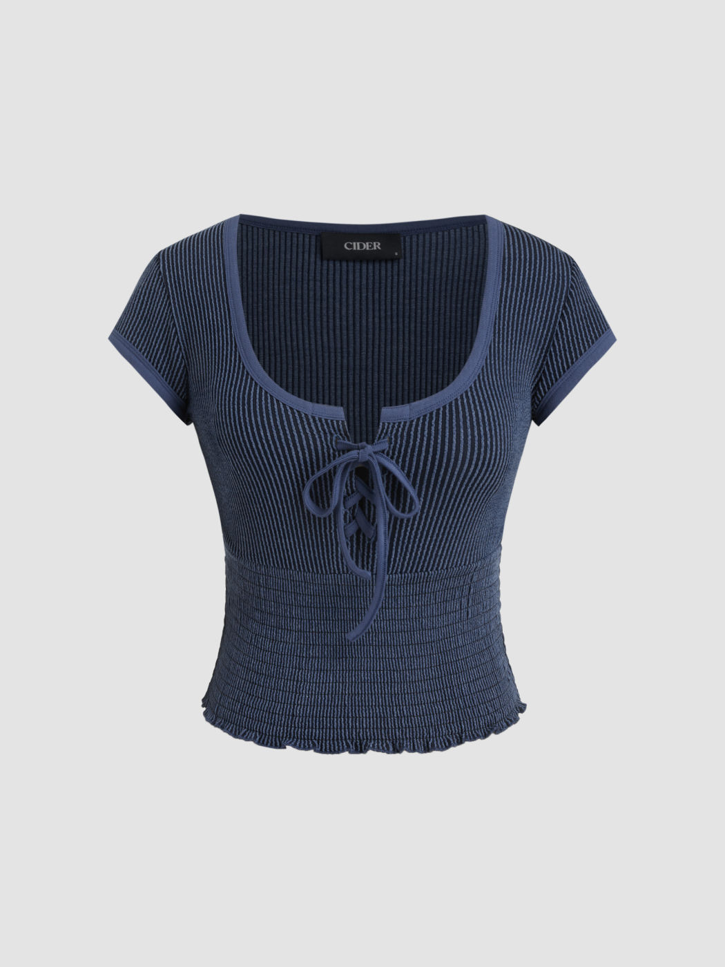 U-neckline Lace Up Shirred Tee