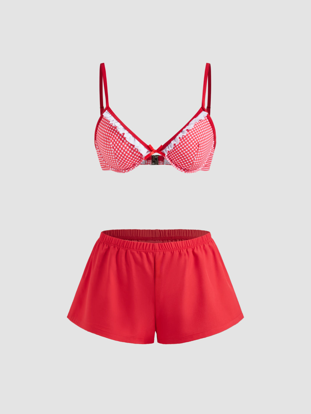 V-neck Gingham Bowknot Lettuce Trim Underwire Bikini Set & Cover Up Shorts