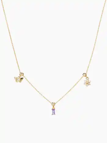 Collier avec pendentif papillon, pierres précieuses et fleur
