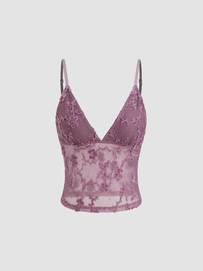 Mesh Mesh Sweetheart Floral Lace Trim Cami Top For Daily Casual