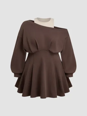 Terry Asymmetrical Neck Ruffle Hem Mini Dress Curve & Plus