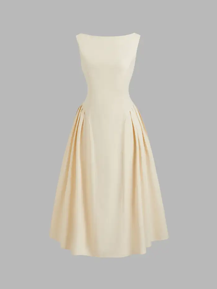 V-neck Solid Pleated Sleeveless Maxi Dress