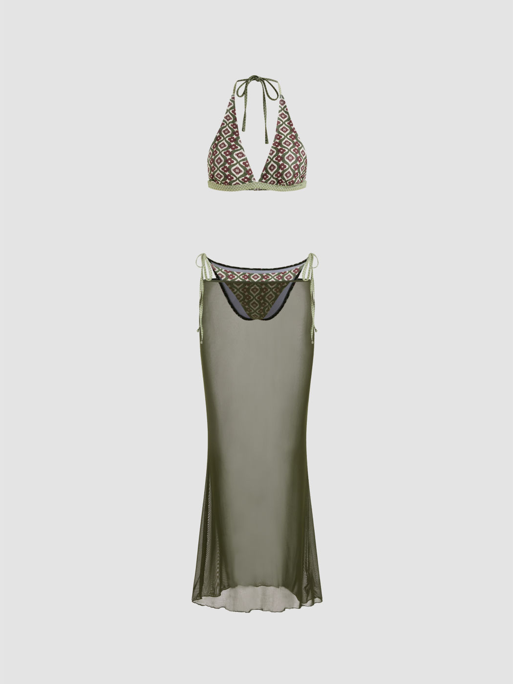 Halter Neckline Geometric Tie Side Bikini Set With Sarong