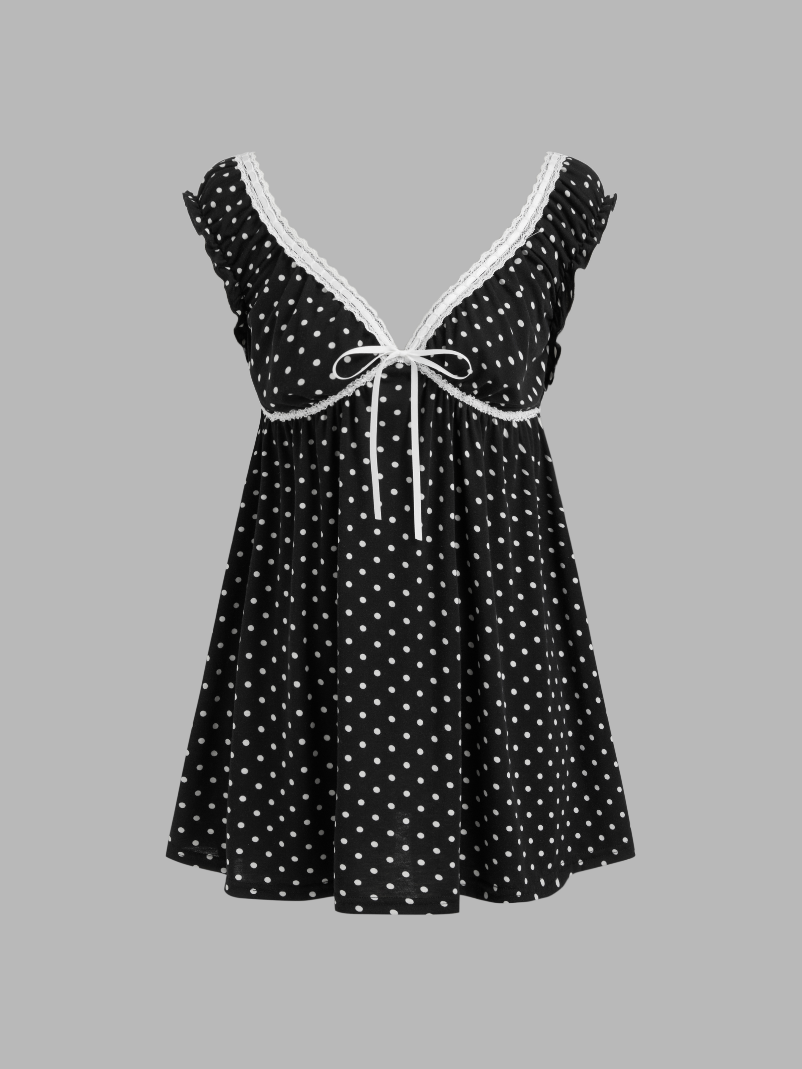 Woven V-neck Polka Dot Lace Trim Bowknot Mini Dress For School Daily Casual