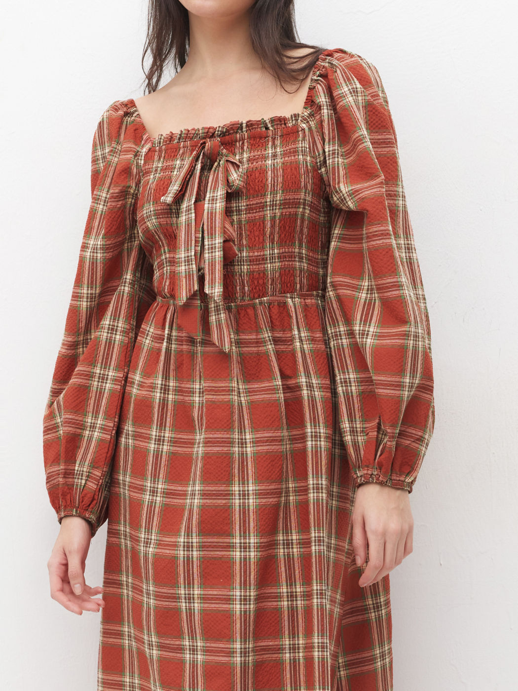100% Cotton Tartan Bowknot Shirred Midi Dress