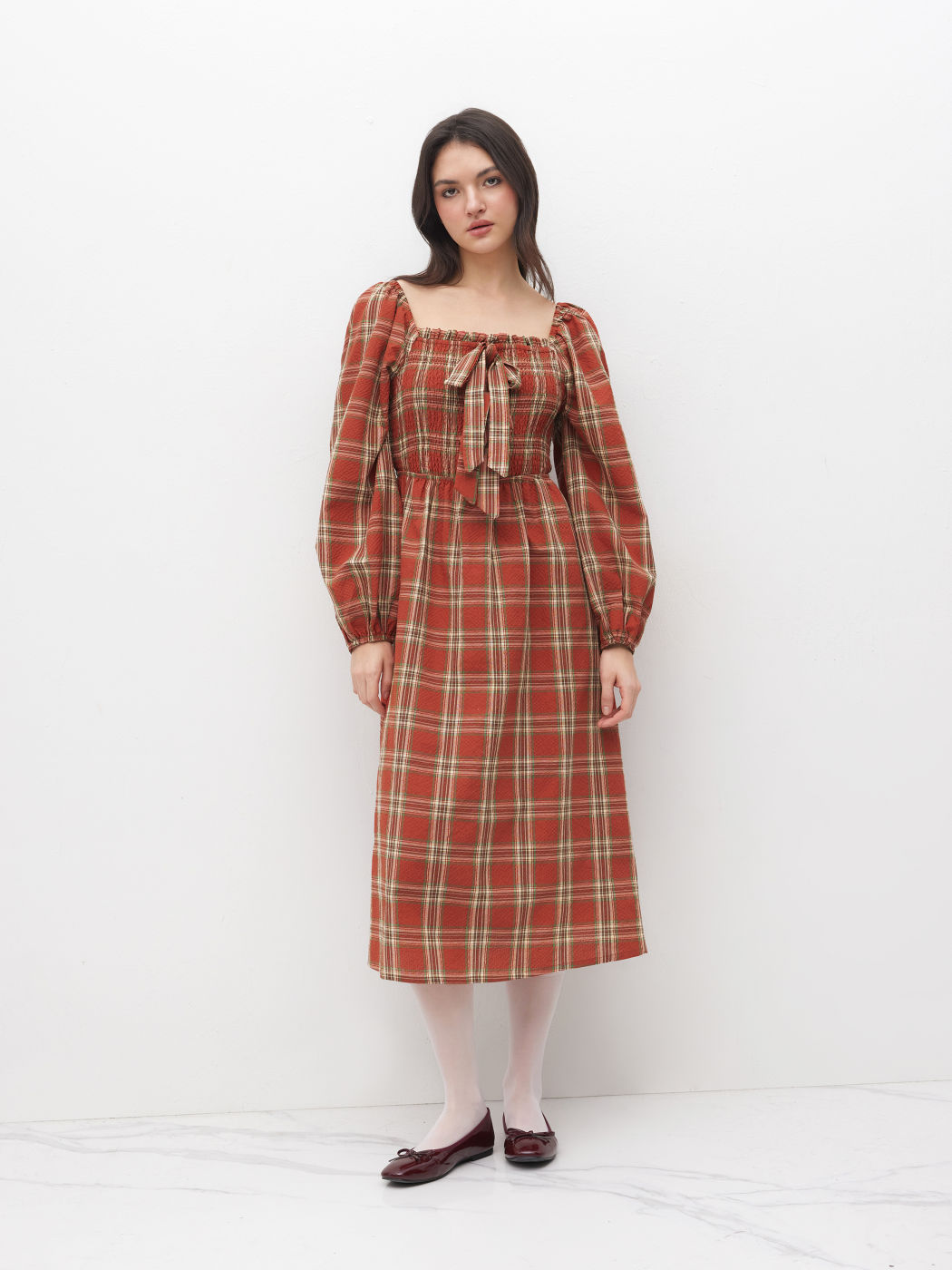 100% Cotton Tartan Bowknot Shirred Midi Dress