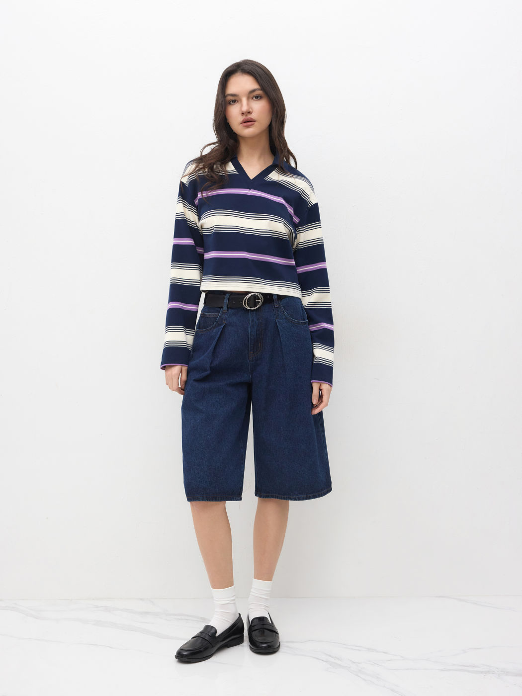 Terry V-Ausschnitt Streifen Sweatshirt