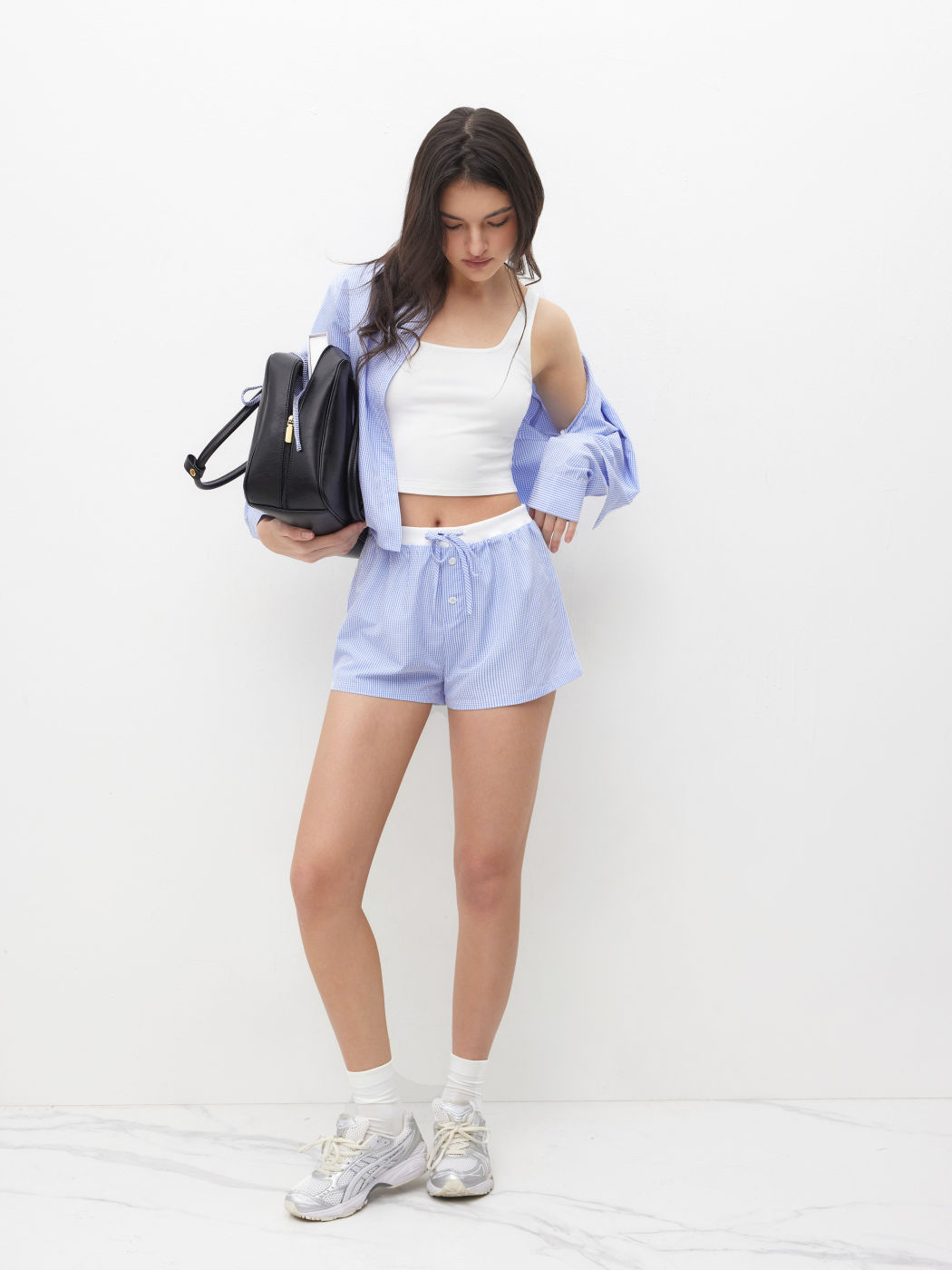Baumwoll-Mid-Rise-Gingham-Knotte-Mikro-Shorts