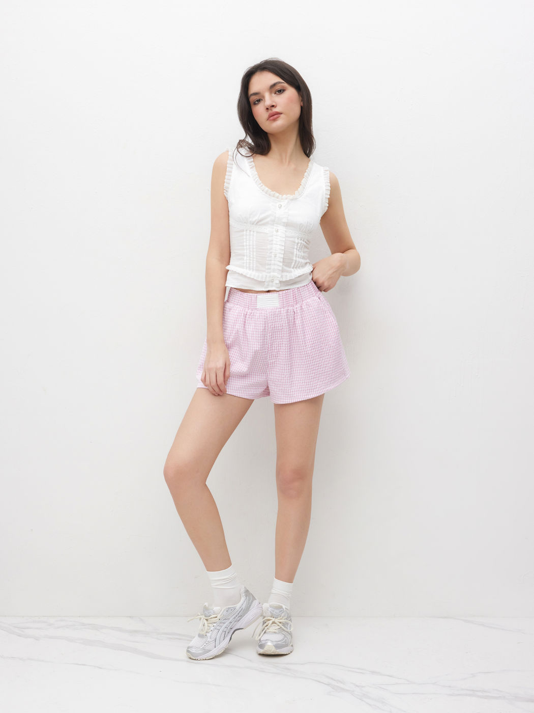 Baumwollmischung Mid-Rise Check Mikro Shorts