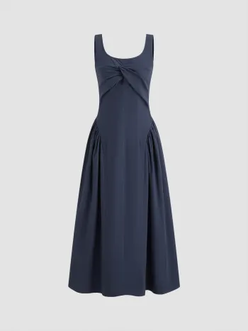 100% Cotton U-neckline Twist Ruffle Maxi Dress